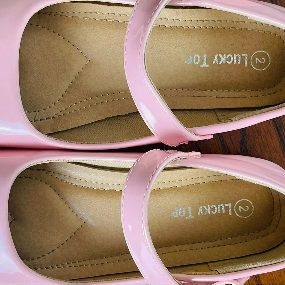 Lucky Top Girls Flat Mary Jane Pink Shoes Size 2 with Bow Detail